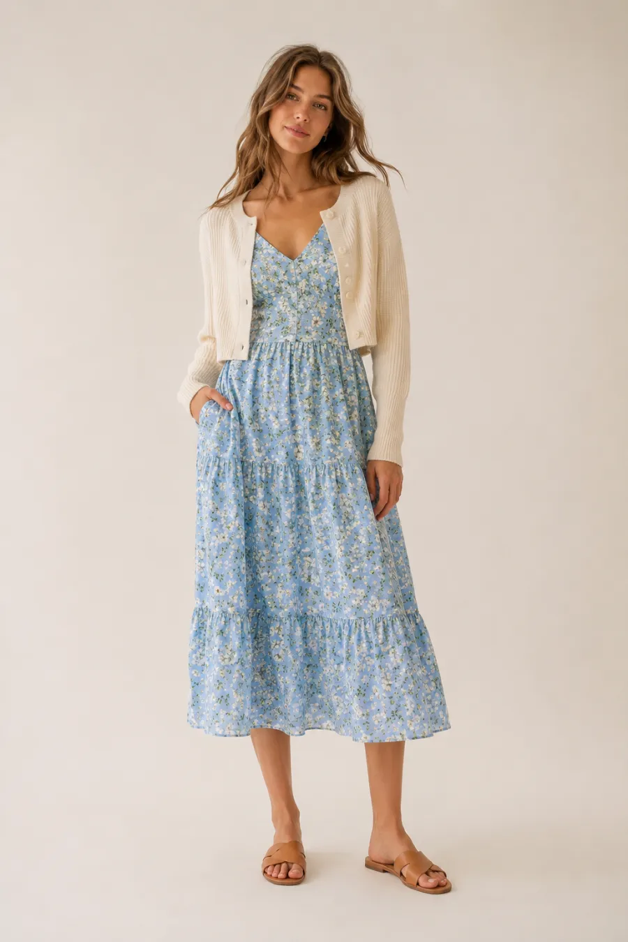Full body shot of a floral spring outfit on a woman in her twenties — a sky-blue floral-print midi dress with a cropped cream cardigan and tan flat sandals, on a plain neutral studio background, bright airy lighting, full body, entire figure from head to feet in frame, centered with headroom