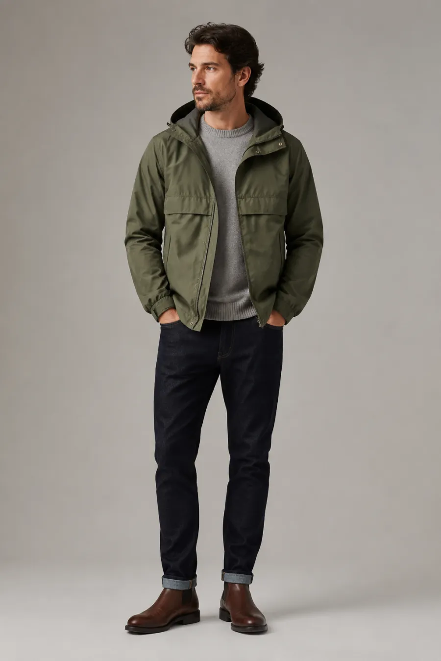 Full body shot of a rain-ready spring outfit on a man in his thirties — an olive water-repellent anorak over a grey fine-gauge knit, dark slim jeans, and brown Chelsea boots, on a plain neutral studio background, clean lighting, full body, entire figure from head to feet in frame, centered with headroom