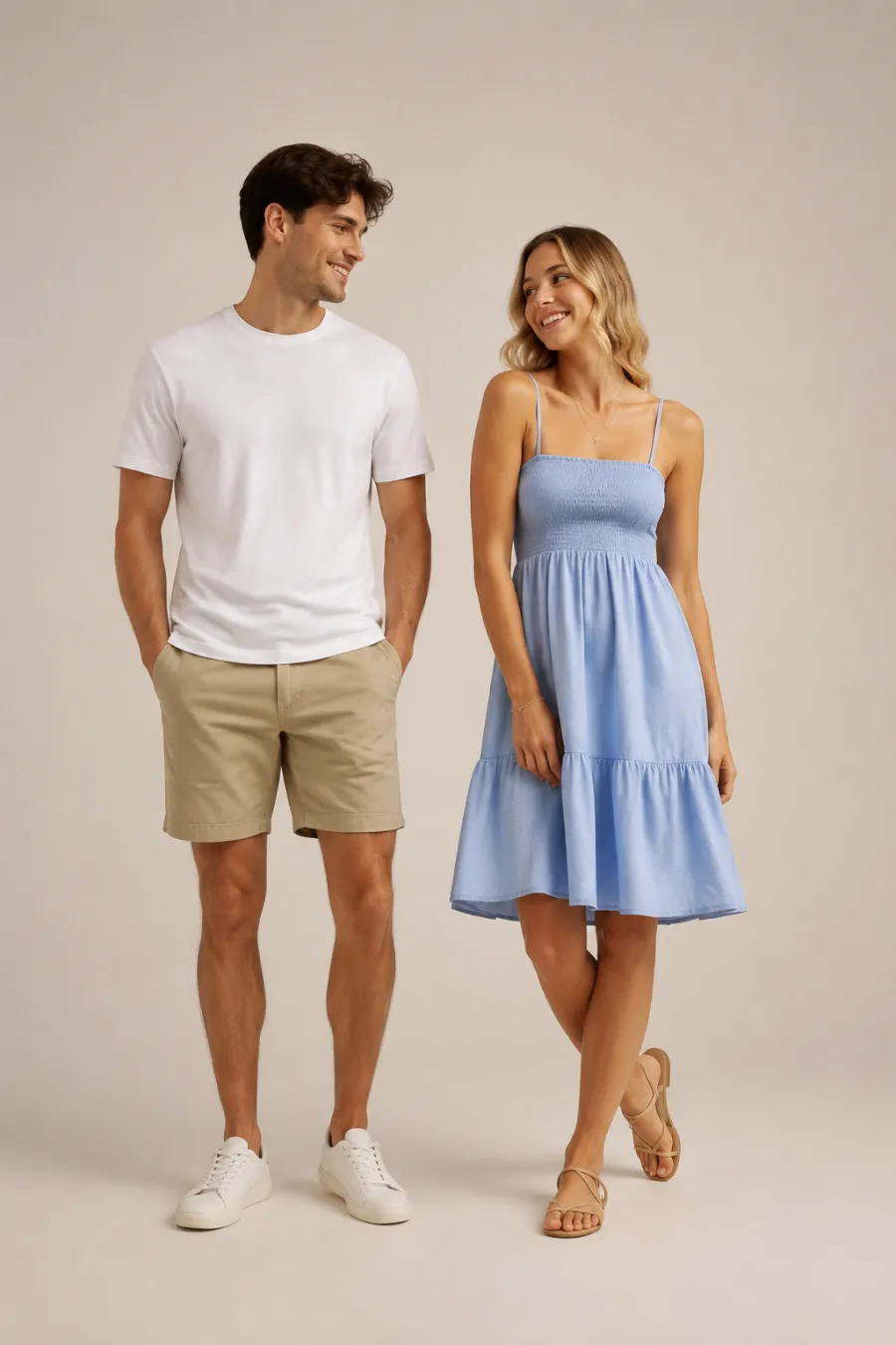 Full-length shot of a casual summer outfit on a plain studio background — a white cotton crew tee with khaki shorts beside a light blue cotton sundress, soft even lighting
