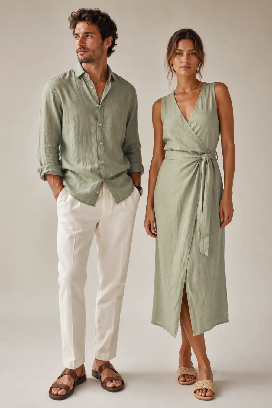 A smart-casual summer look shown on a plain neutral background — a sage linen button-down with off-white trousers next to a sleeveless linen wrap dress, clean studio lighting