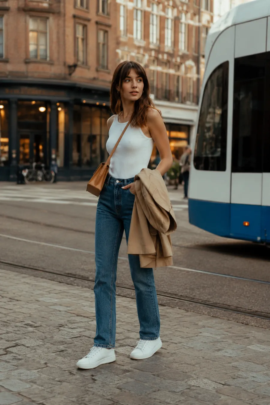 City break vacation look on a woman in her late twenties: high-waisted straight-leg blue jeans, a tucked-in white ribbed tank, a camel trench coat over her arm, white sneakers, a tan crossbody bag, standing in front of a city tram and brick storefronts, full body