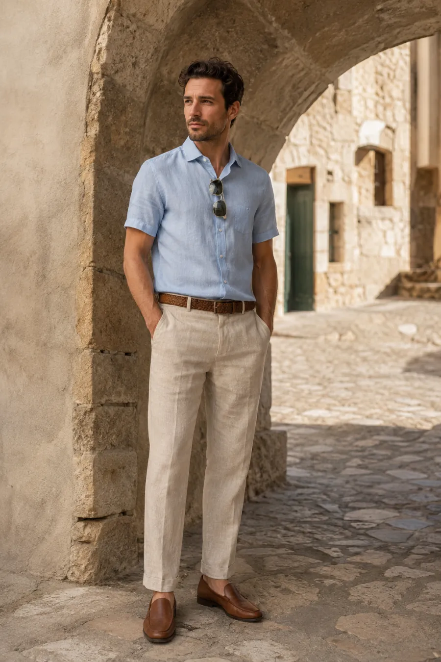 Europe summer vacation look on a man in his thirties: beige linen trousers, a pale blue short-sleeve linen shirt buttoned, brown leather loafers worn sockless, woven leather belt, sunglasses tucked in collar, standing by an old stone archway in warm afternoon light, full body