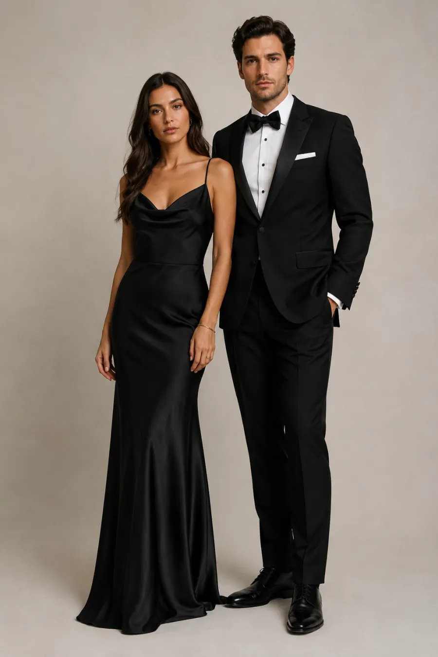 Full-length shot of a black-tie wedding guest look — a long evening gown beside a dark tailored suit, on a plain studio background