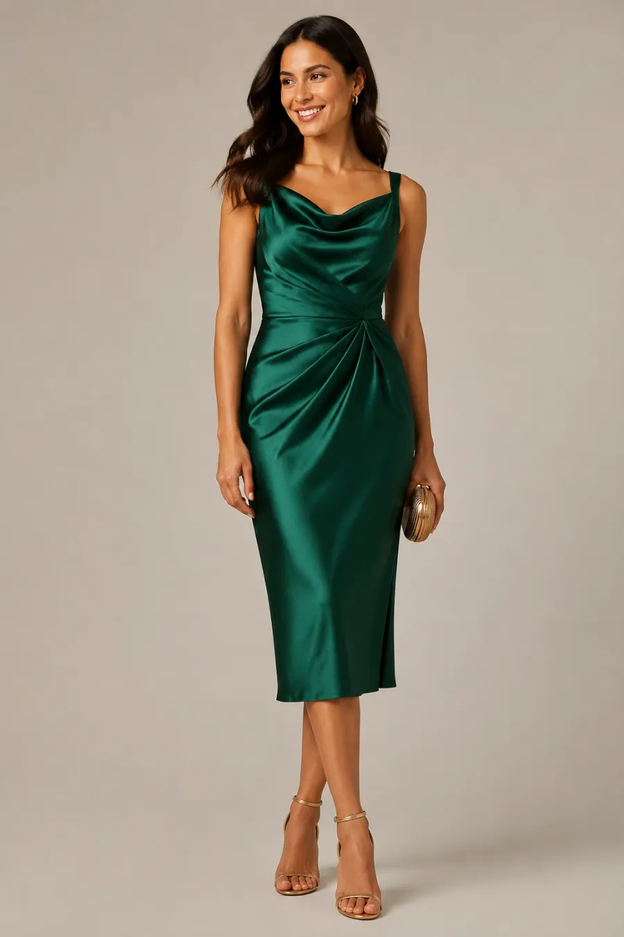A cocktail-length wedding guest dress in jewel-tone satin shown on a plain neutral background, clean studio lighting