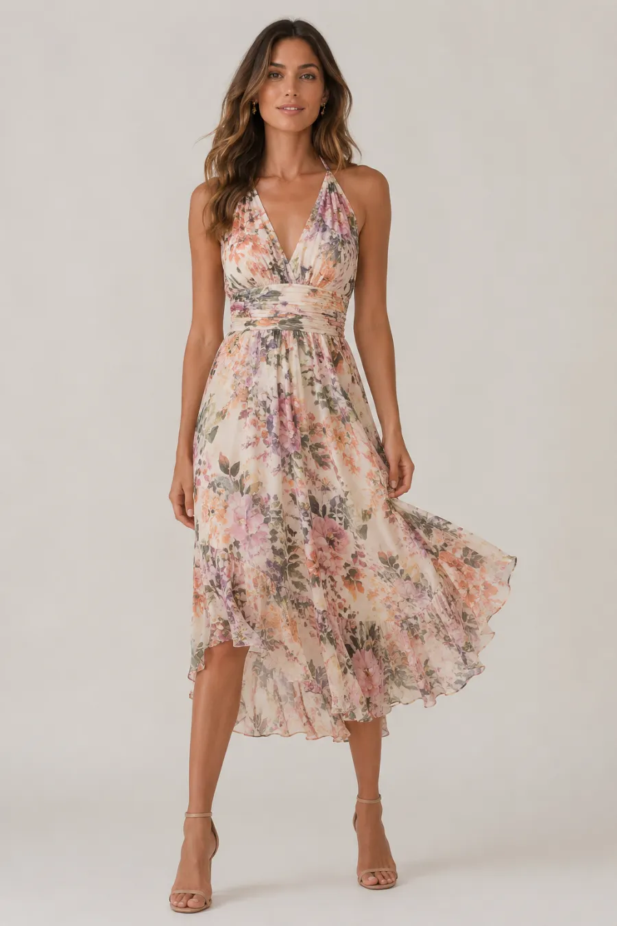 A breezy floral midi dress for a beach wedding guest, shown on a plain light background with soft natural lighting