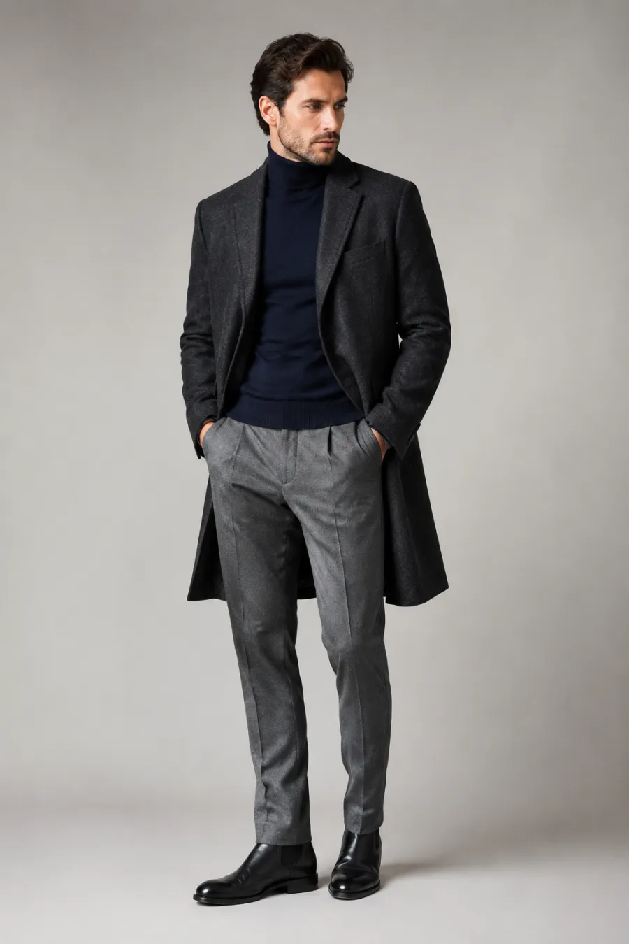 Full body shot of a smart winter outfit on a man in his thirties — a charcoal wool overcoat over a navy turtleneck, grey wool trousers, and black leather boots, on a plain neutral studio background
