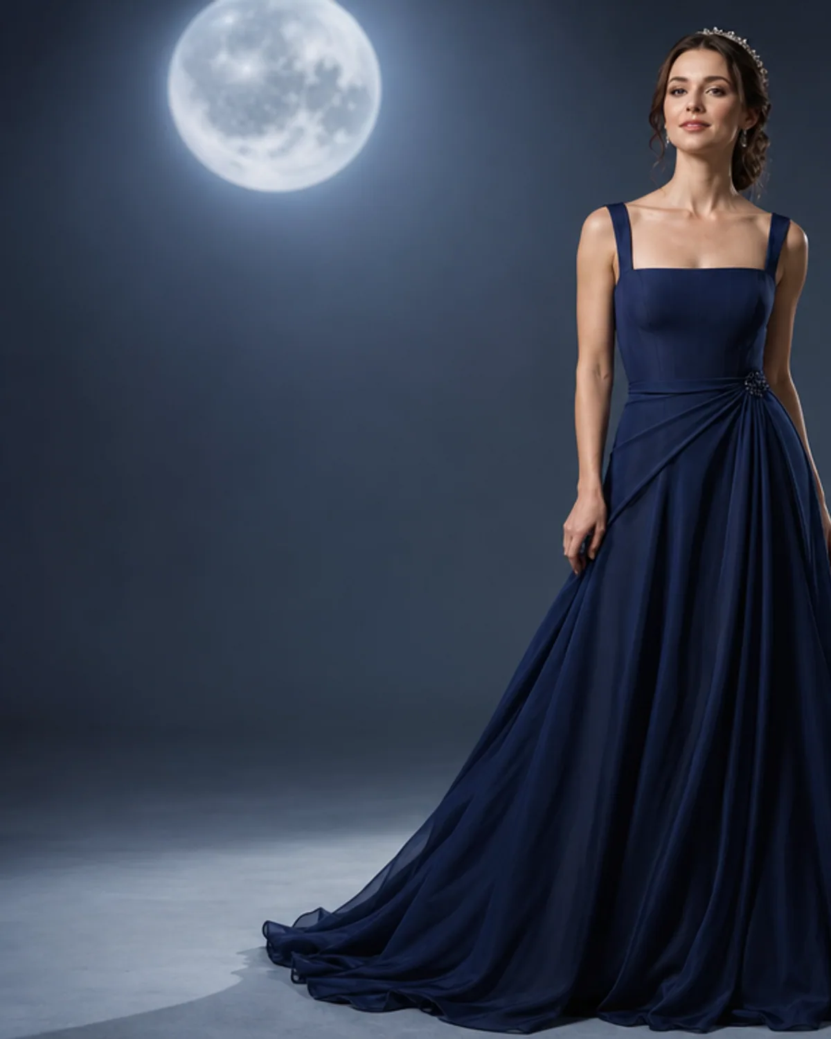 Adult wearing an original sapphire court gown
