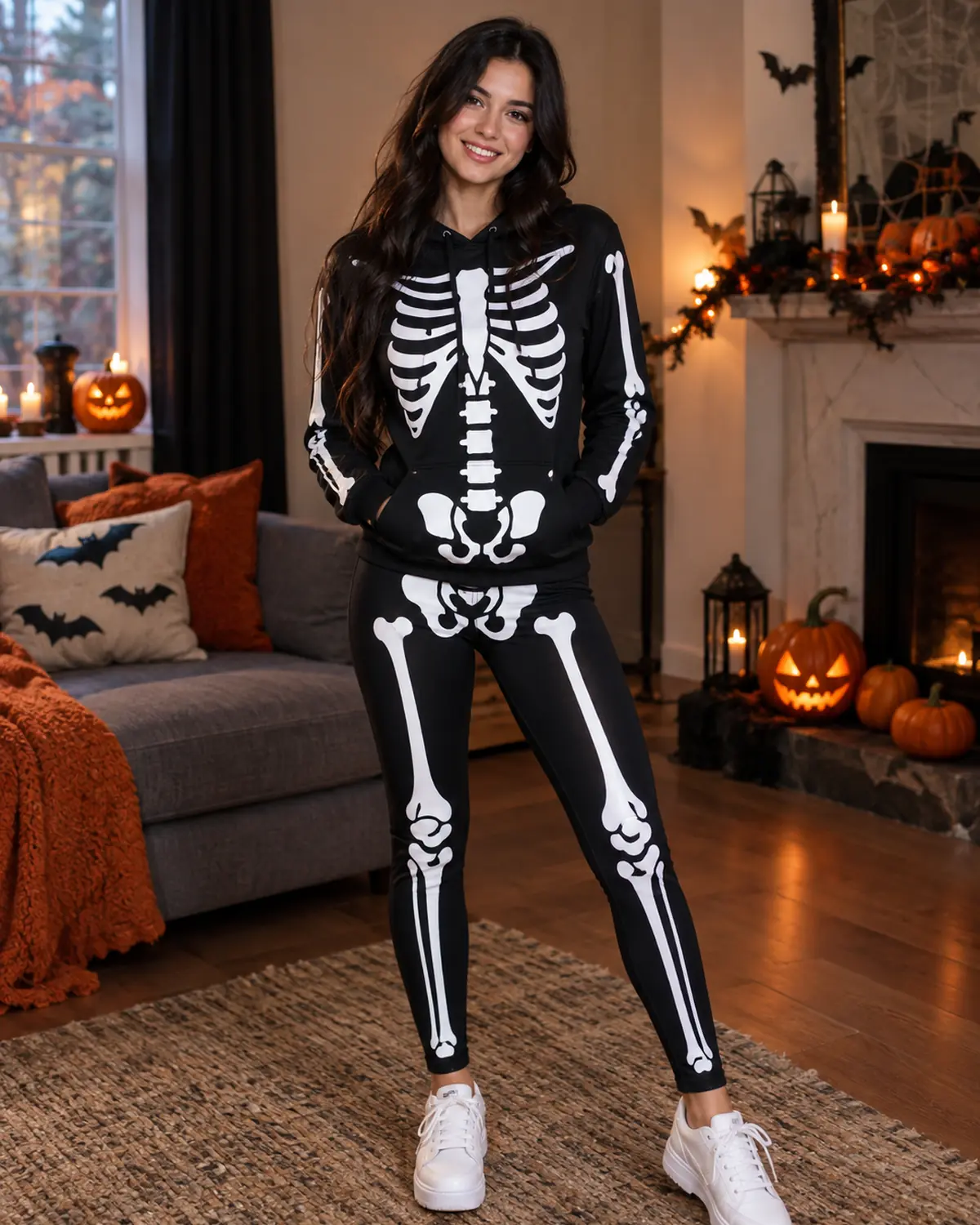 Adult woman in an original casual skeleton hoodie