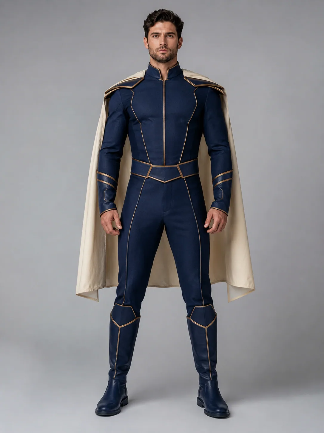 Adult man wearing an original midnight-blue and ivory caped hero costume