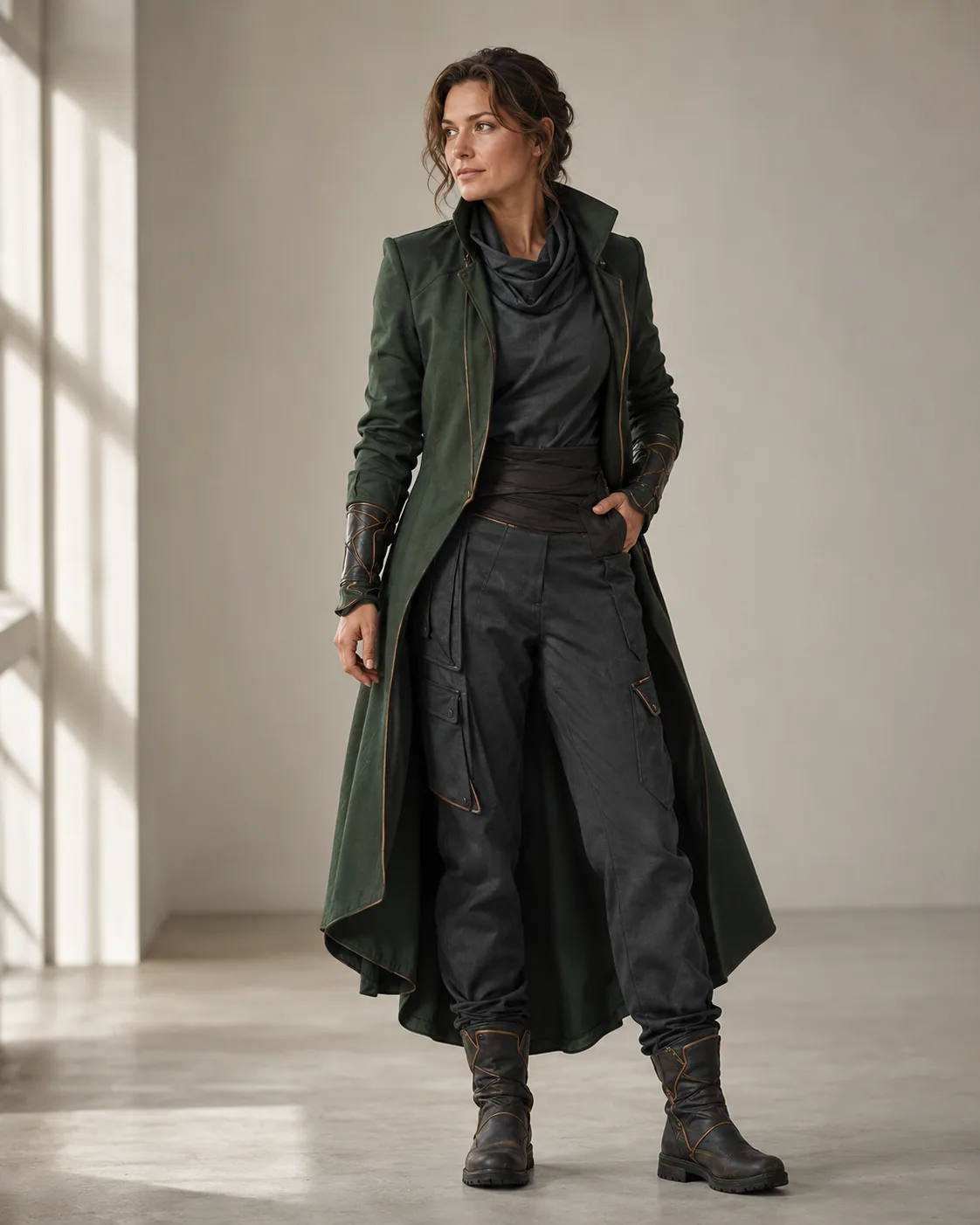 Adult woman wearing an original green and charcoal street guardian costume