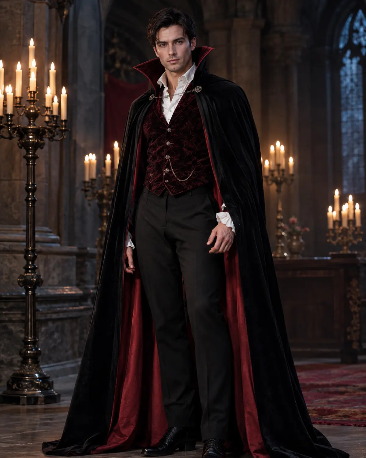 Adult man in an original classic vampire cape costume