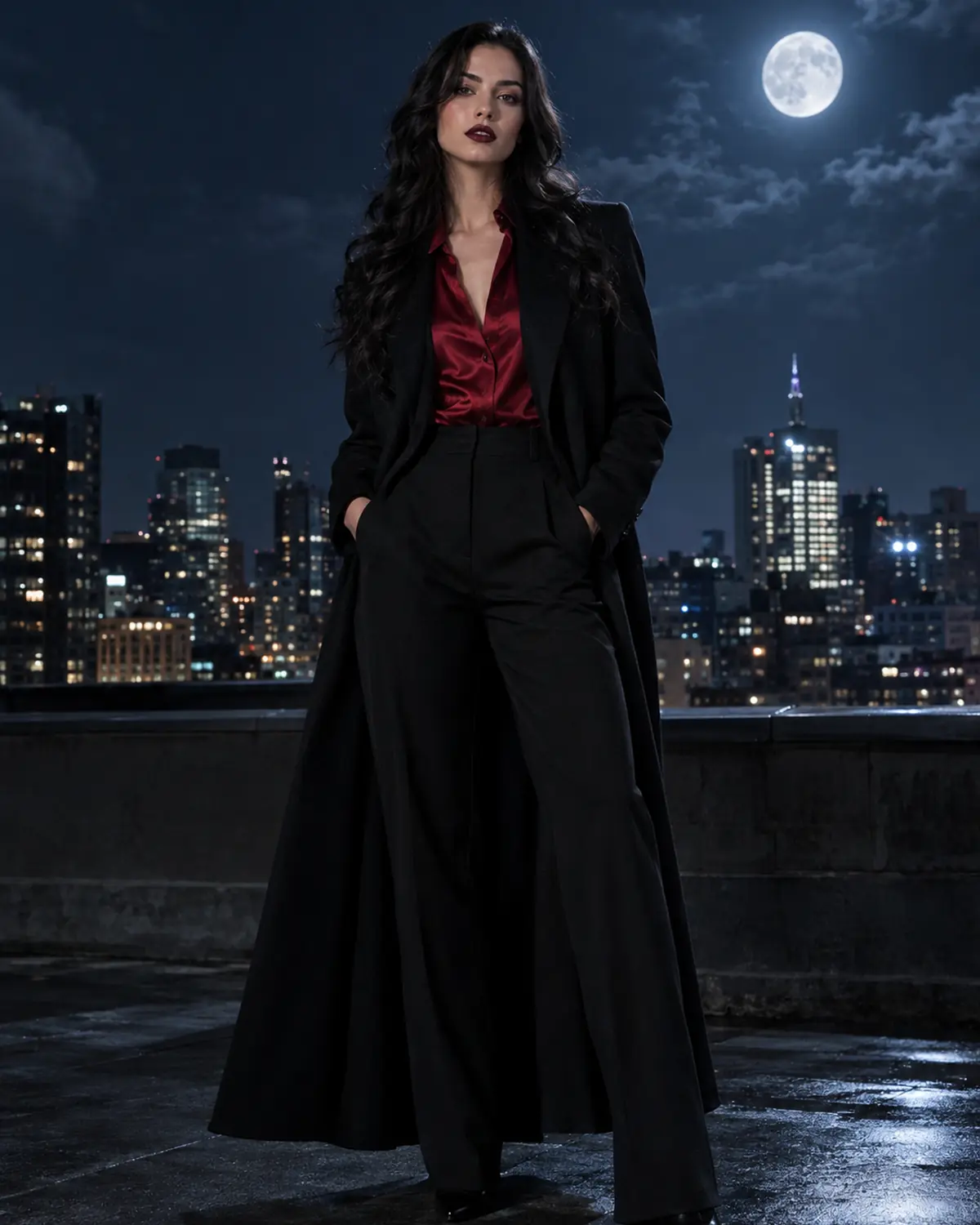 Adult woman in an original modern vampire suit