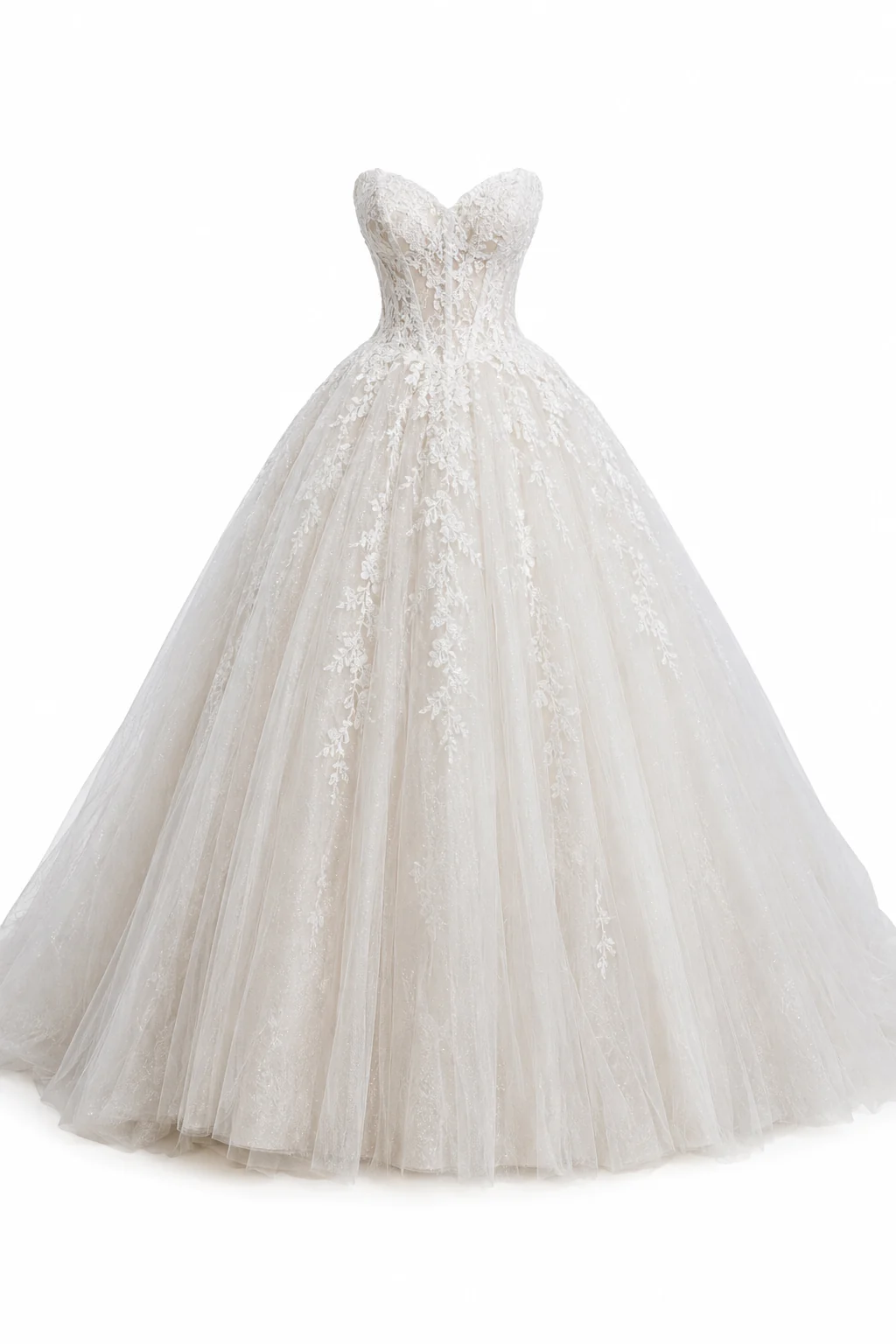 Full-length product shot of a voluminous ball gown wedding dress on a plain white background, no mannequin, soft even studio lighting