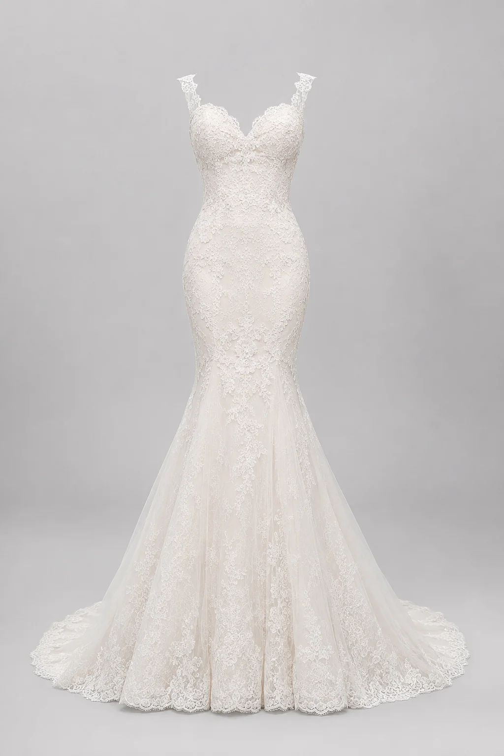 Full-length product photo of a fitted mermaid wedding gown with a flared hem on a plain light-gray background, no person, clean studio lighting