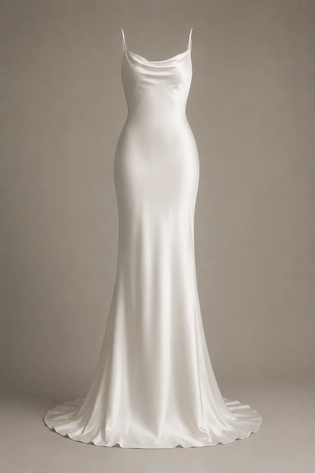 Full-length product shot of a sleek satin sheath wedding dress on a plain neutral background, no mannequin, gentle directional lighting