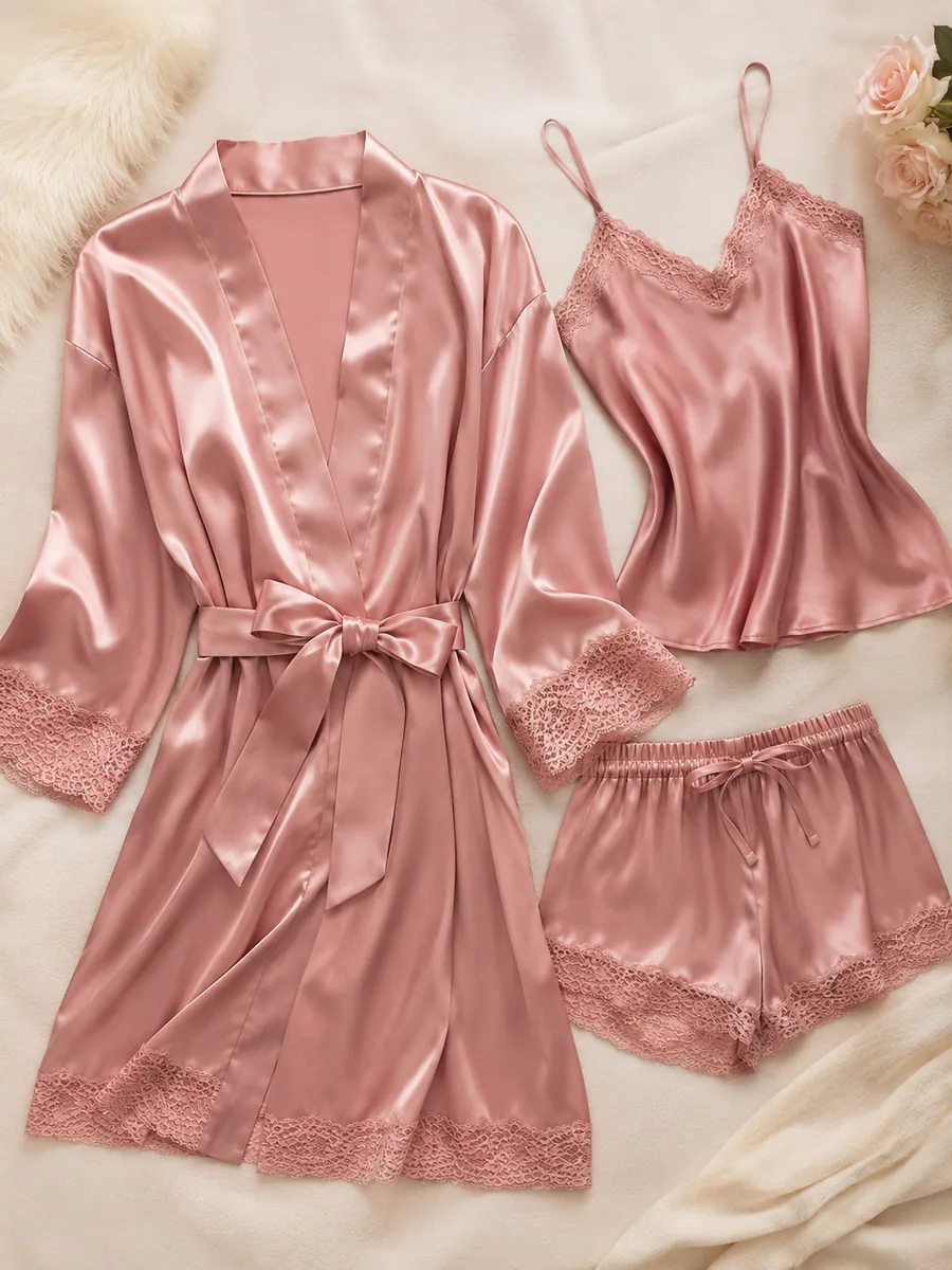 Rose satin robe, camisole, and lounge set displayed in a tasteful ecommerce flat lay
