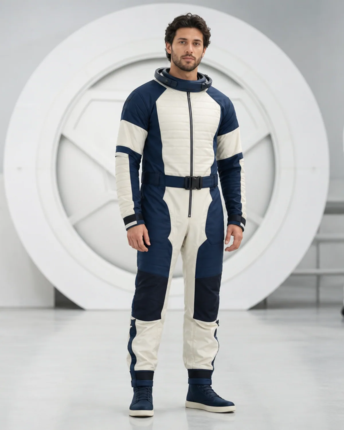 Adult wearing an original white orbital space suit concept