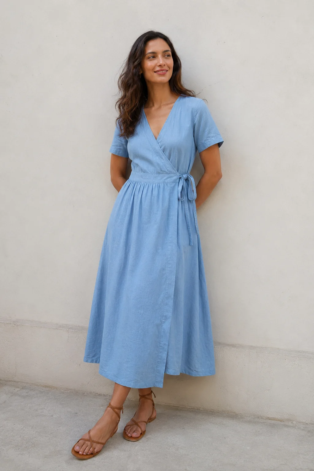A woman in a relaxed blue cotton wrap day dress standing in soft natural daylight against a plain wall
