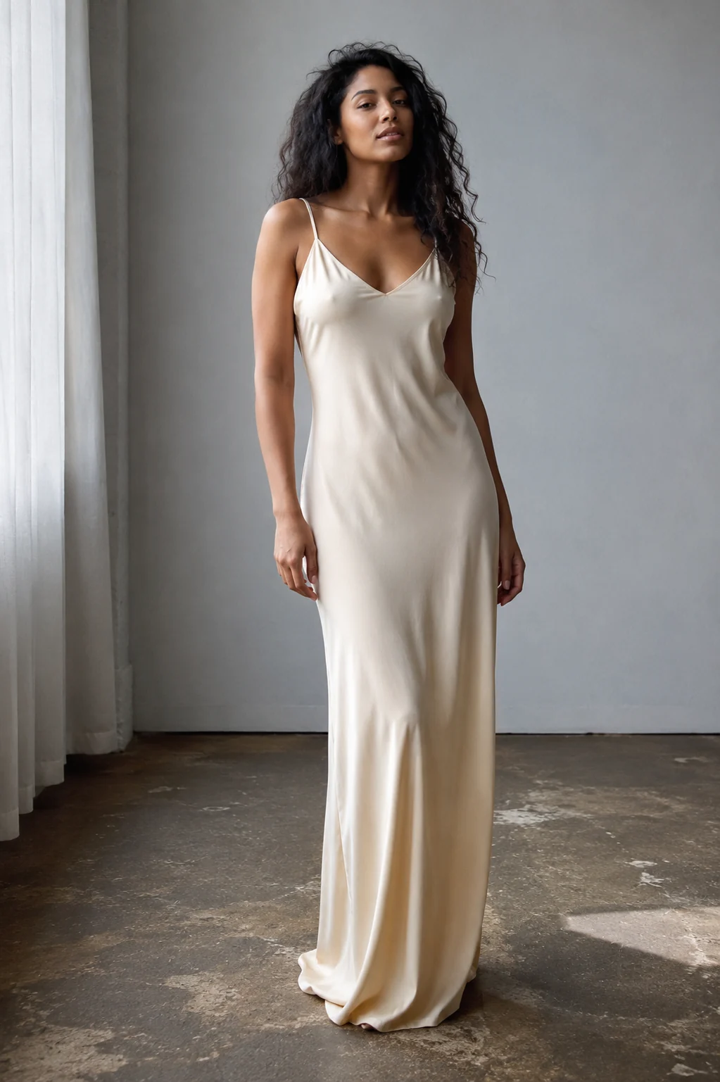 A woman in a flowing cream slip maxi dress, fabric draping naturally to the floor, soft window light, plain studio backdrop