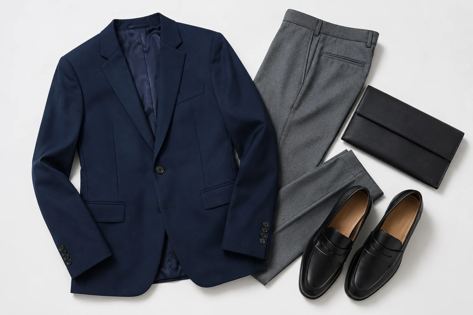 A navy blazer, grey tailored trousers, black leather loafers and a slim black clutch laid out neatly on a plain light surface