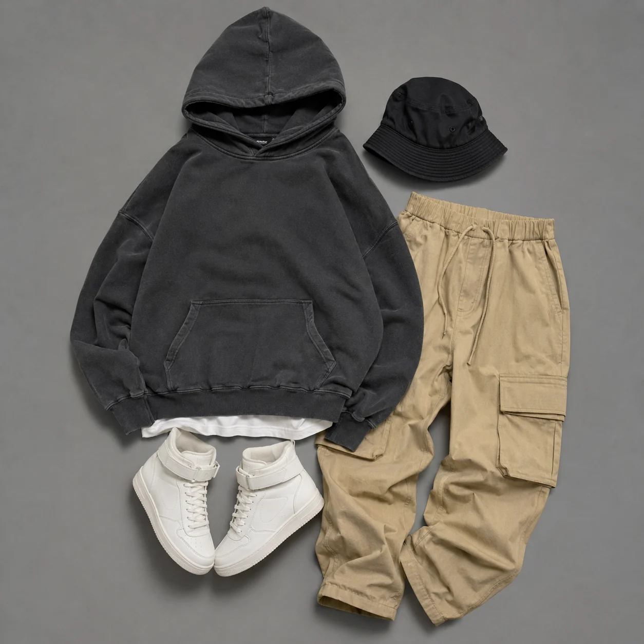 An oversized charcoal hoodie, beige cargo pants, white high-top sneakers and a black bucket hat arranged together on a plain grey background