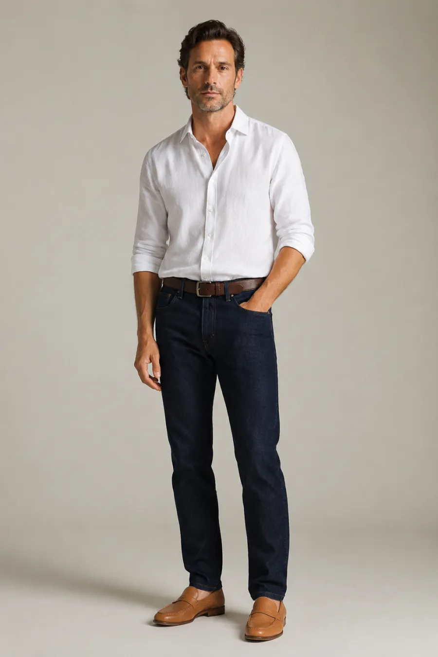 An adult white man wearing dark indigo straight-leg jeans, a tucked white linen long-sleeve shirt with sleeves rolled, and tan leather loafers, standing relaxed, full body, entire figure from head to feet in frame, centered with headroom