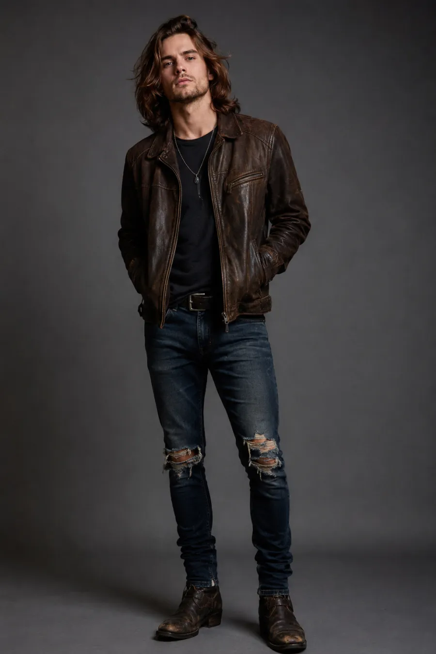 Country and rock concert outfit: a man in his twenties in a black band t-shirt, dark blue ripped jeans, a brown leather jacket, and worn black leather boots, dim concert venue background, full body