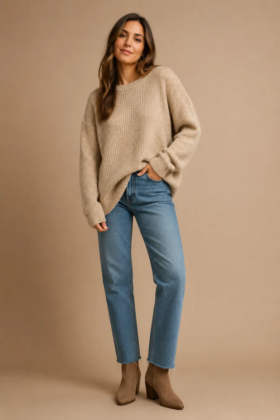 Full-body shot of a cozy casual fall outfit — an oversized oatmeal knit sweater, straight blue jeans, and tan ankle boots — on a woman against a plain warm studio background, soft lighting
