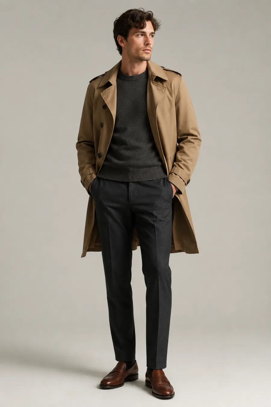 A smart layered fall outfit on a man — a camel trench coat over a charcoal crewneck sweater, dark tailored trousers, and brown leather loafers — shown full body on a plain neutral background, clean studio lighting