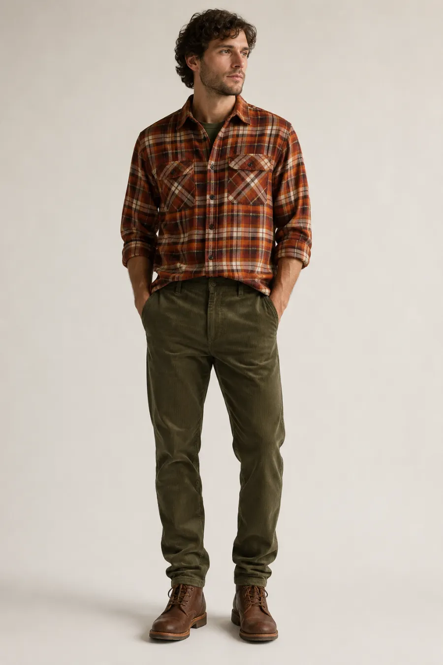 A plaid and earth-tone fall outfit — a rust-and-brown plaid flannel shirt, olive corduroy pants, and brown boots — shown full body on a plain light background with soft natural lighting