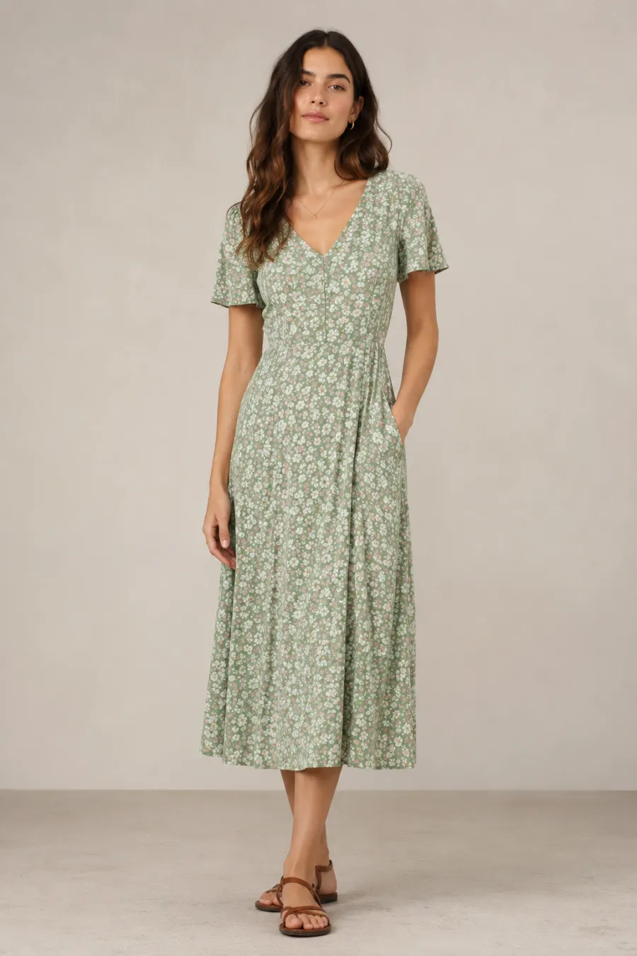 A woman in her mid-twenties wearing a sage-green floral midi dress with short sleeves and flat leather sandals, standing in an easy pose, full body, entire figure from head to feet in frame, centered with headroom