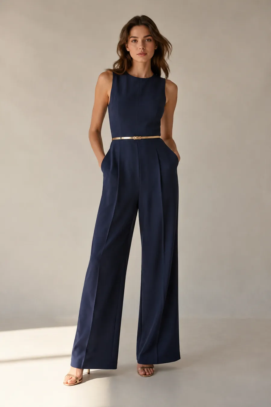 A young woman in her early twenties in a tailored navy wide-leg jumpsuit with a sleeveless cut and a thin gold belt, wearing heeled sandals, standing in soft daylight, full body, entire figure from head to feet in frame, centered with headroom