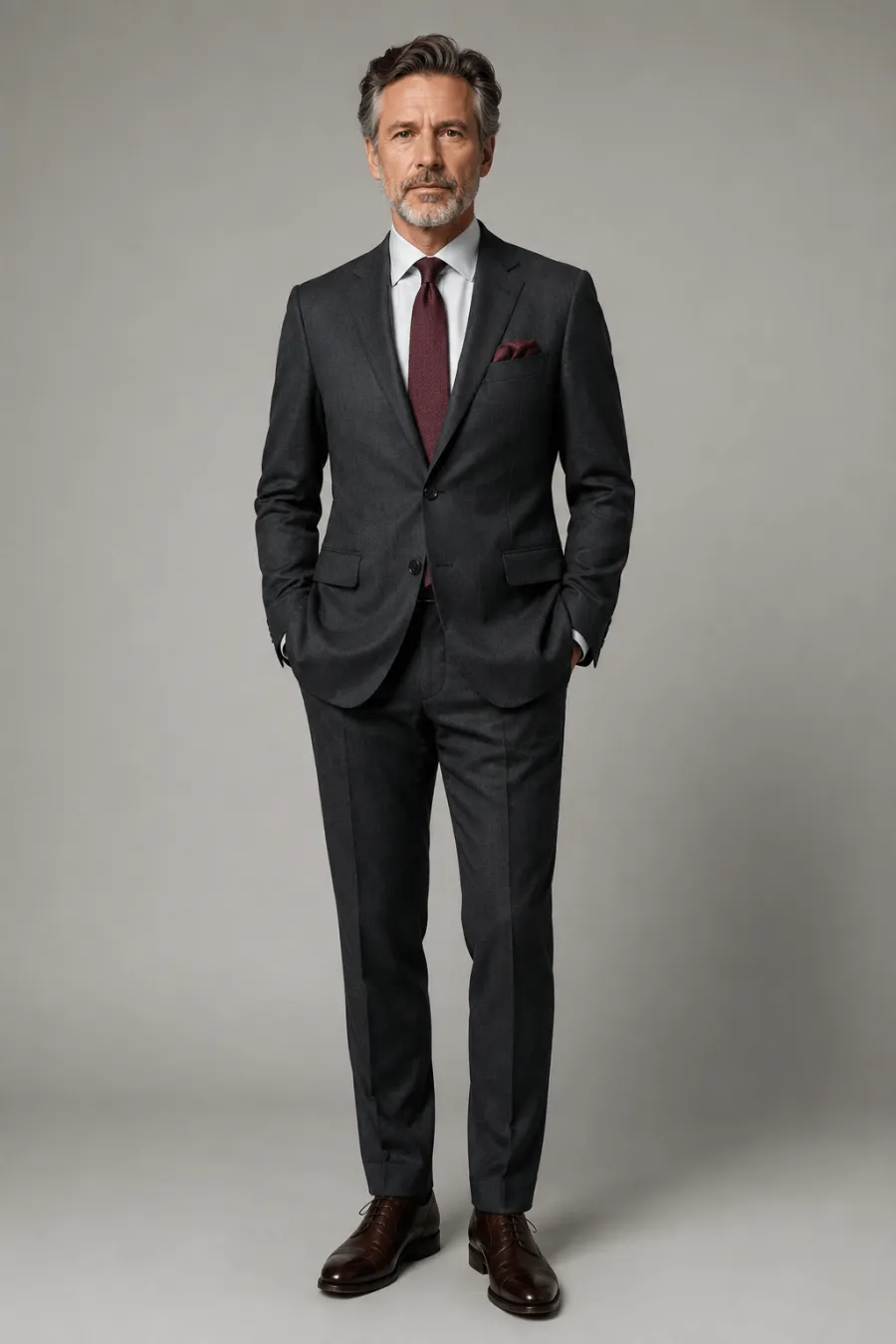 A man in his fifties wearing a charcoal grey suit with a burgundy tie and a folded pocket square, leather oxford shoes, standing upright in even light, full body, entire figure from head to feet in frame, centered with headroom