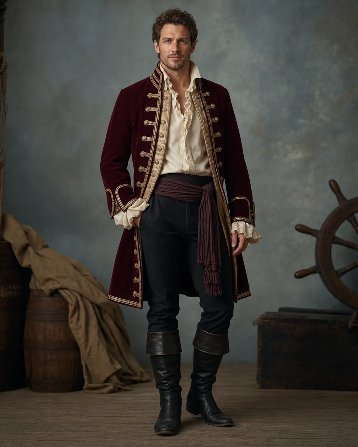 Adult in an original weathered maritime captain outfit
