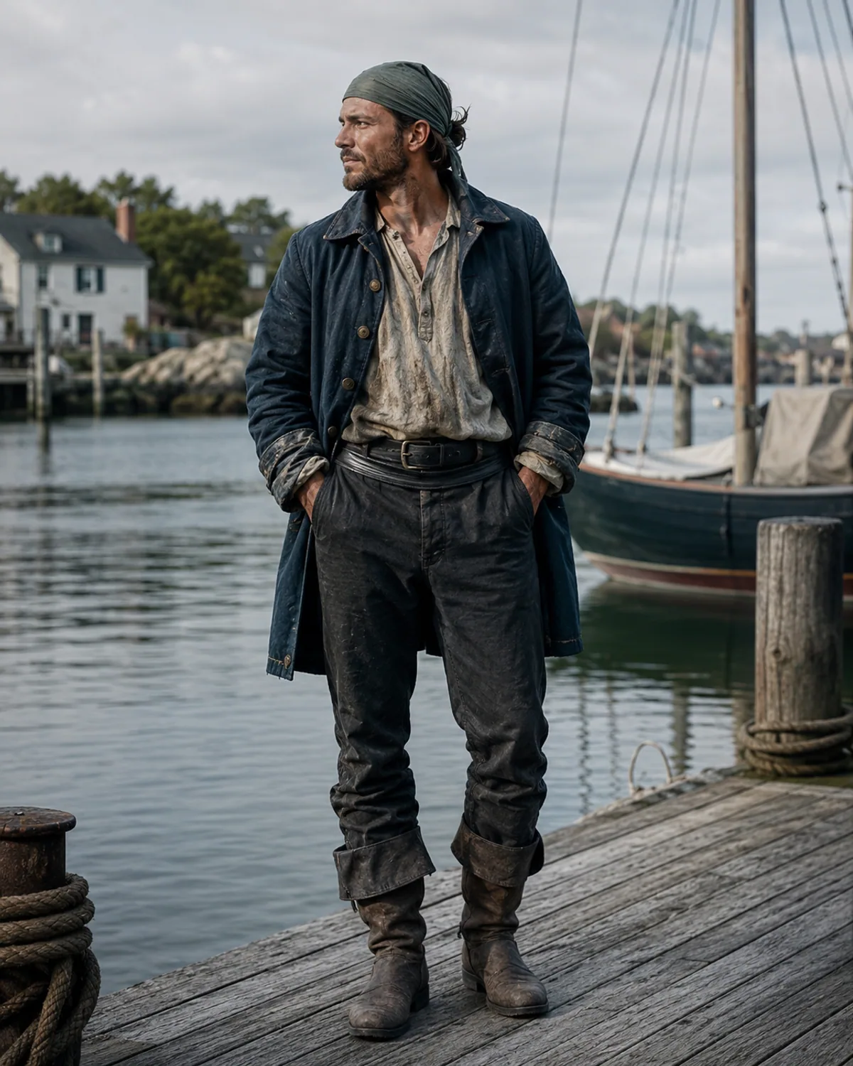 Adult in an original coastal deckhand outfit