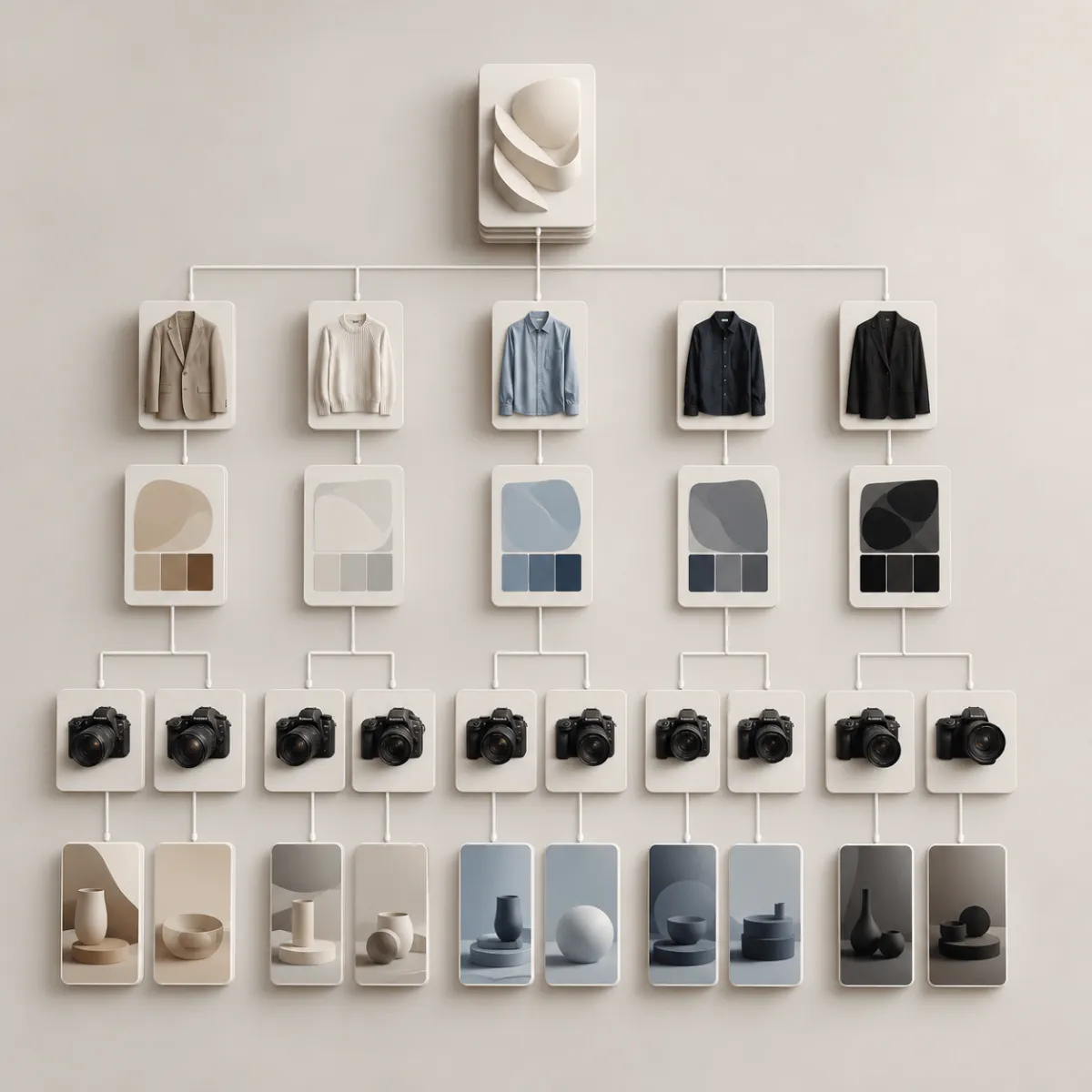 Top-down visual decision board with abstract wardrobe, color, camera, and product cards for personal style, creator work, and ecommerce planning, no text or logos