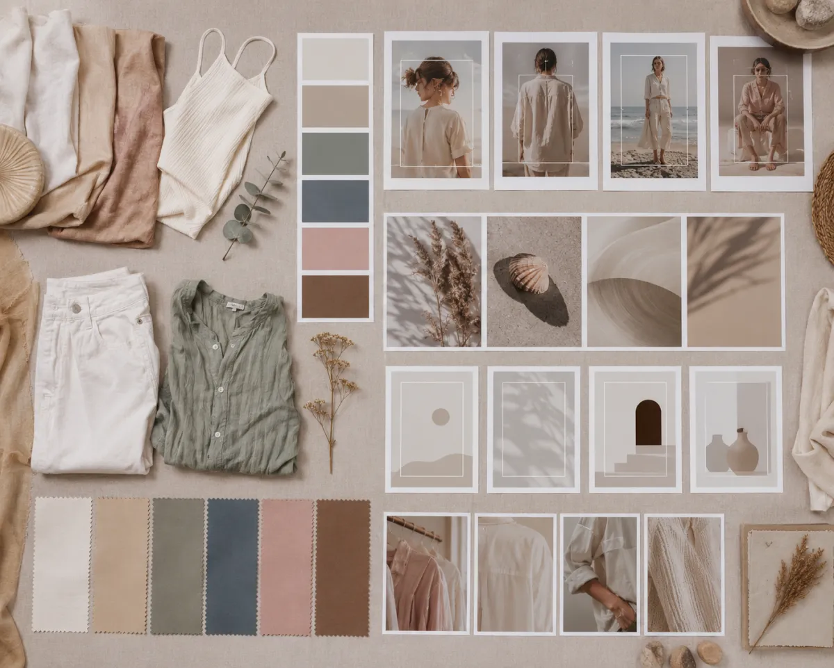 Top-down creator outfit planning board with modest clothing swatches, camera crop frames, background color cards, and thumbnail composition cards, no readable text or logos