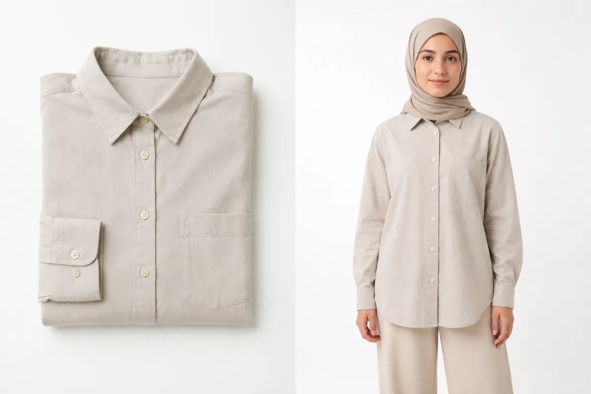 AI model for clothes concept: a neatly folded garment on a clean studio surface beside the same garment worn by a fully-clothed AI model