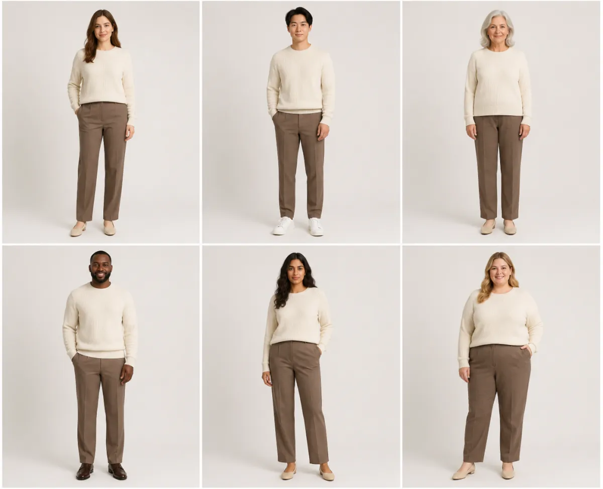 A tidy grid showing the same outfit worn by several diverse, fully-clothed AI clothing models for an ecommerce catalog