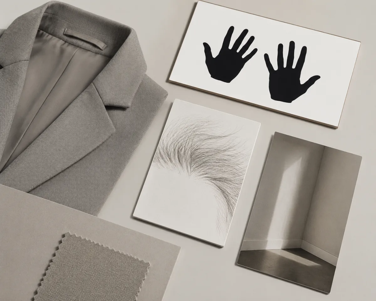Mobile photo-editing inspection layout with close-up garment collar, hands, hairline, and background edge panels, no people, no text, no logos