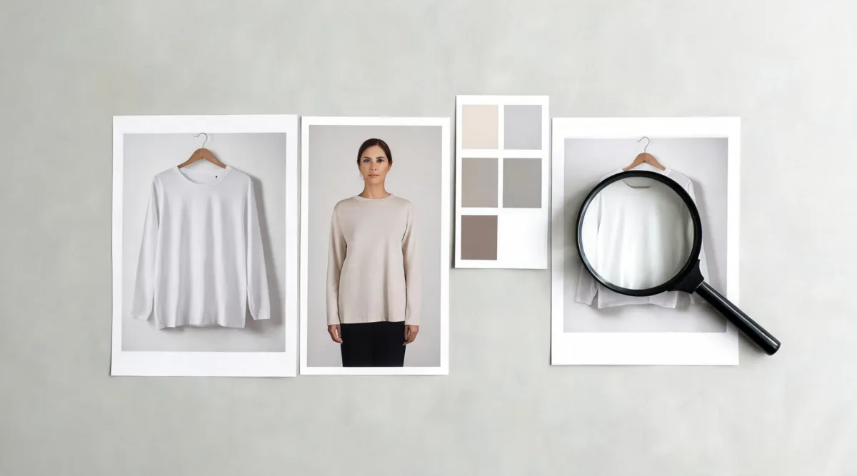 Authorized portrait and garment-reference photos arranged for an AI clothes changer quality check