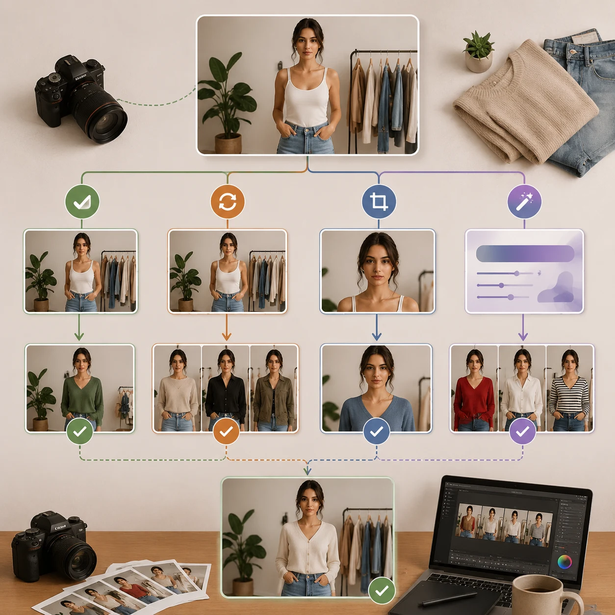 Decision cards showing when to render now, retake first, or crop before using an AI clothes changer