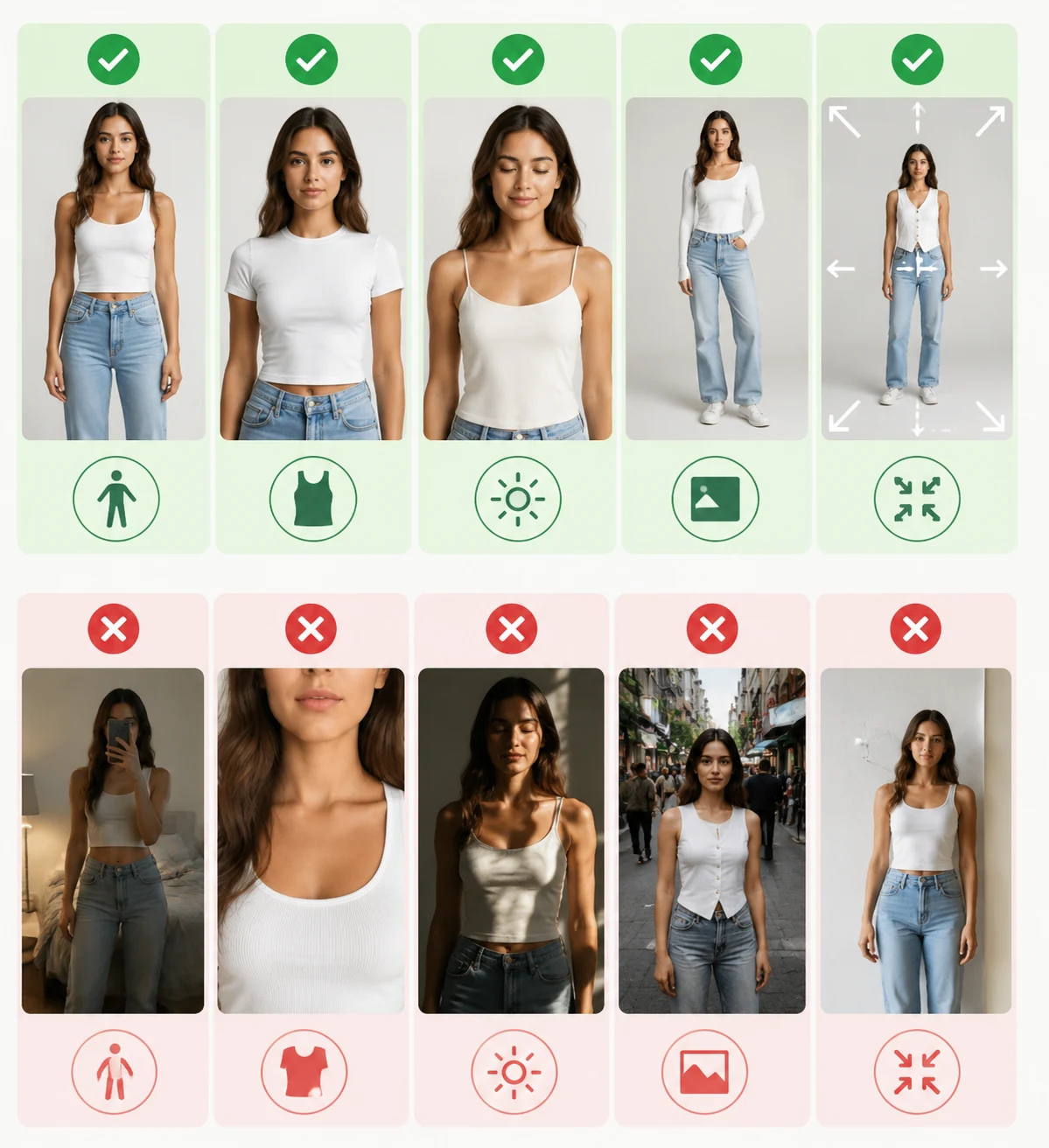 Eight rules for realistic AI clothes changer source photos, including full garment visibility, even light, simple background, and natural pose