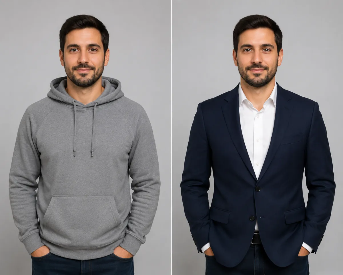 Before and after of the same man, a casual hoodie changed to a tailored navy blazer while the face, pose, and background stay identical