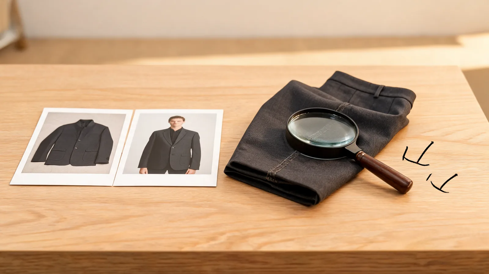 Outfit-preview review setup with a garment reference, person photo, magnifying glass, and tailored fabric