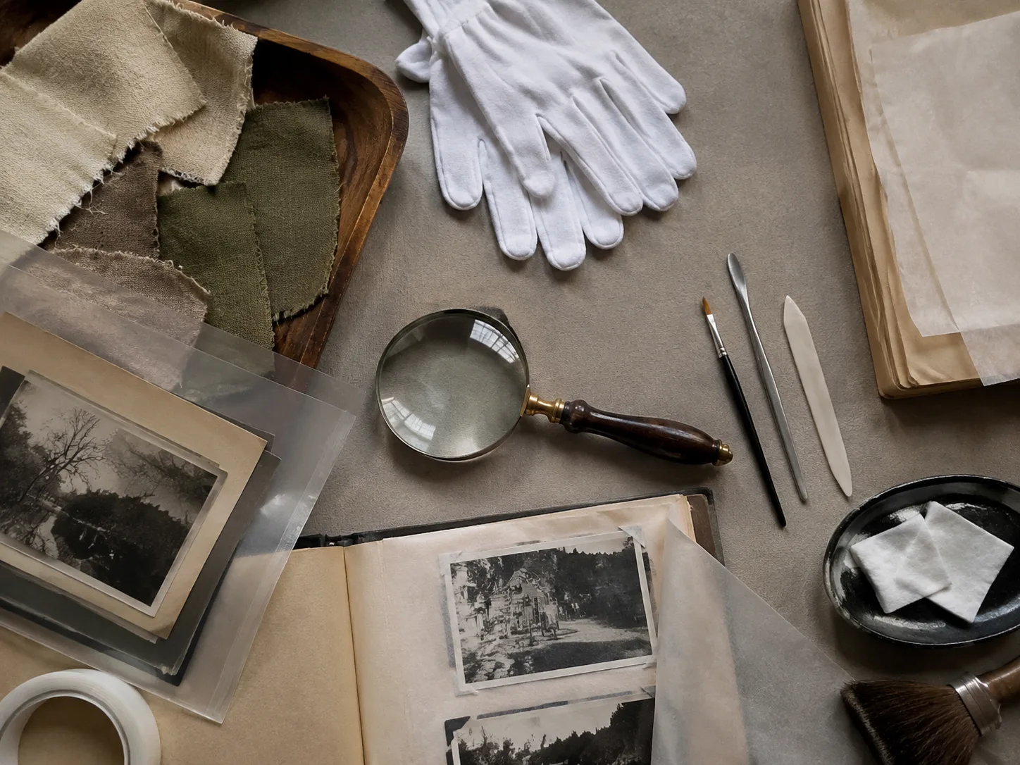 Archival photo preservation still life with vintage photo sleeves, magnifier, muted garment swatches, and restoration tools