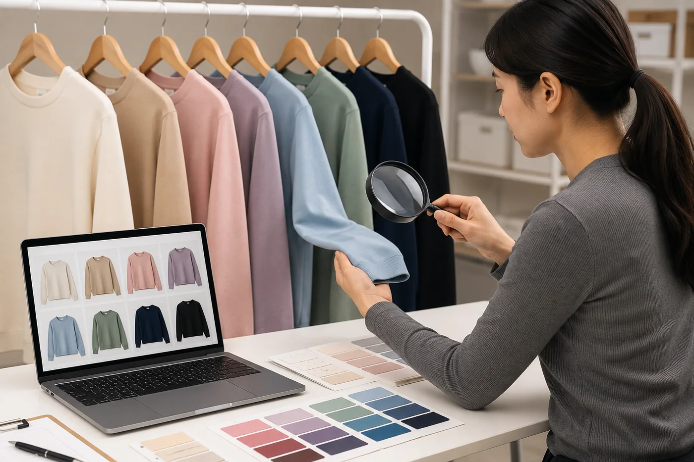 Concept visual of an ecommerce product photography QA setup with color swatches and clothing variants