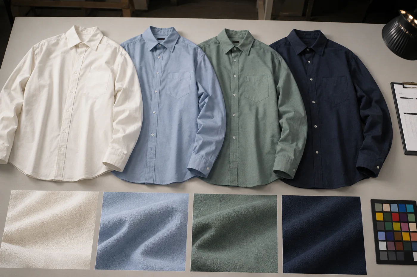 Concept visual of four shirt color variants with fabric and color review details