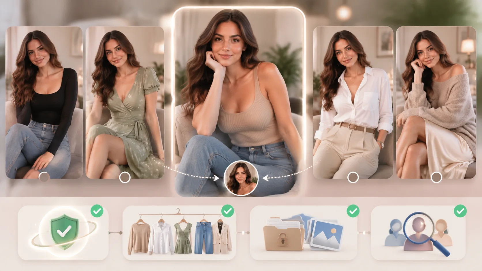 A simple editorial decision-card graphic for choosing an outfit-preview tool by consent, clothing-only scope, source preservation, and review needs; no brand marks or readable text