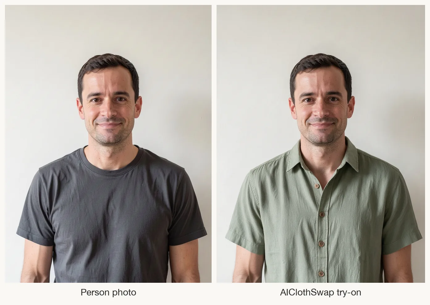 AI-generated man in a gray T-shirt beside the AIClothSwap try-on result wearing a sage green short-sleeve shirt